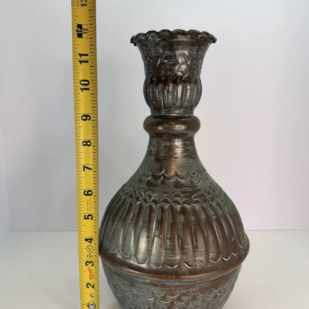 Silver Washed Egyptian Copper Vase‎ surahi vessel Vintage 12